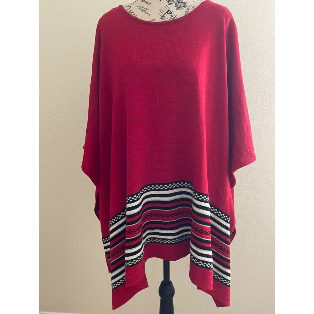 Jones New York Signature Red Striped Knit Poncho Cape One Size 1SZ